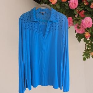 Stylish Wear Anywhere Eyelet Vibrant Turquoise Blue L/S Top Perforated Detailing